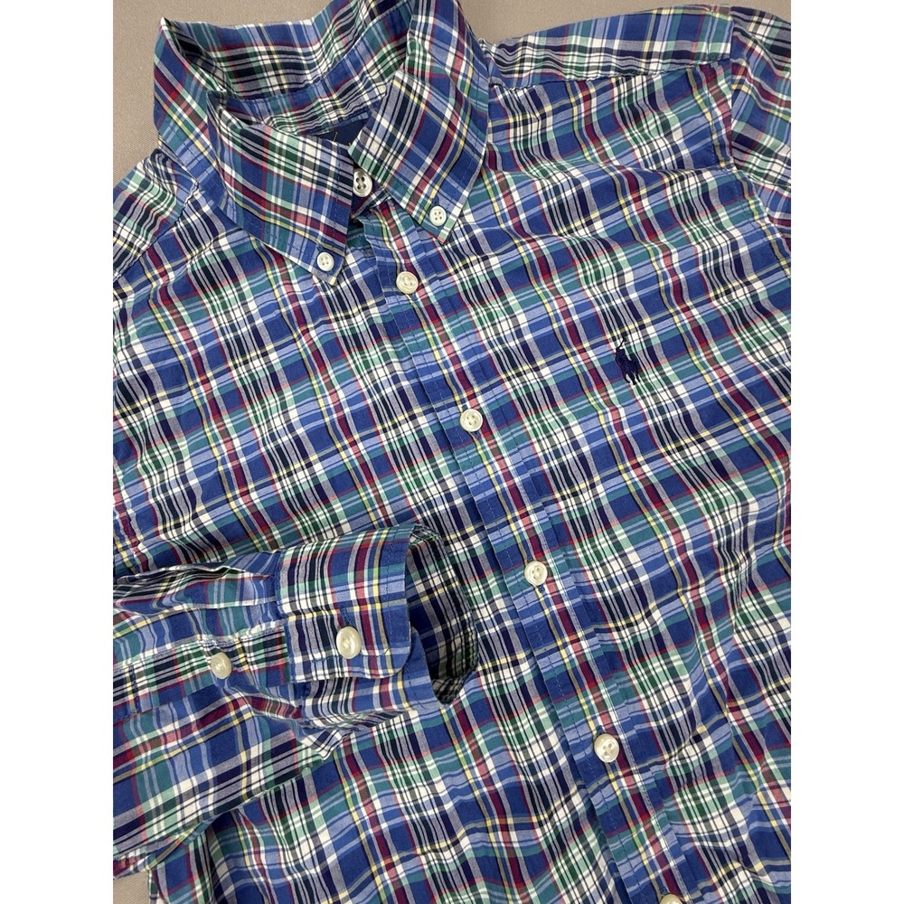 Polo Ralph Lauren Boys L 14-16 Blue Green Red Plaid Button Down Shirt Pony Logo